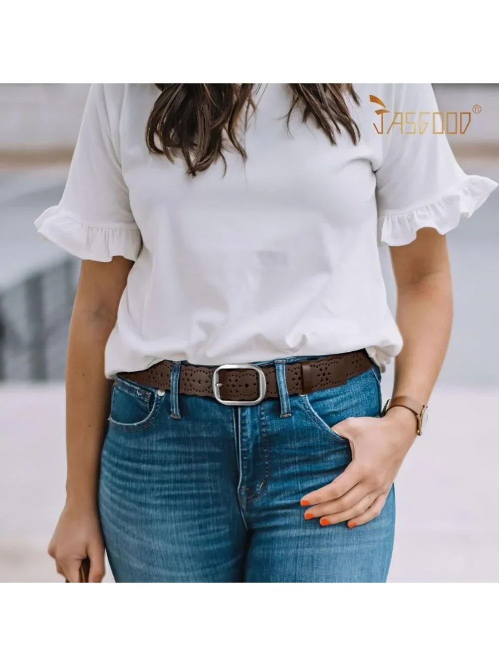 Stylish Women's Hollow Flower Genuine Leather Wide Belt for Jeans & Pants